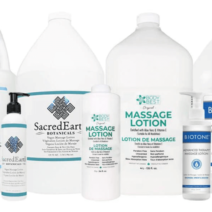 Selection of high quality massage lotions, oils, and gels