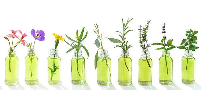 Essential oil bottles with flowers 