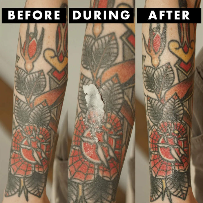 Mad Rabbit Tattoo Balm before, during, and after application