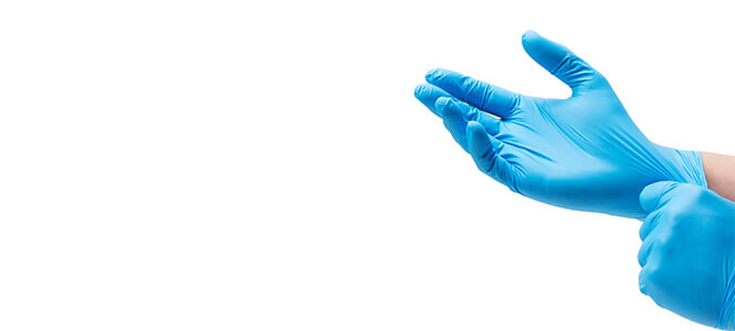 Blue Nitrile powder free disposable examination gloves on both hands