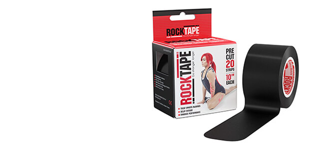 RockTape PreCut Strips black roll sitting in front of RockTape packaging 