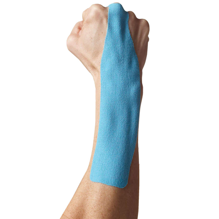 Spidertech PreCut Tape on right wrist colour blue