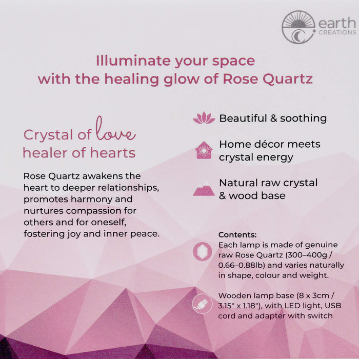 Crystal Aura Rose Quartz Healing Lamp box with description