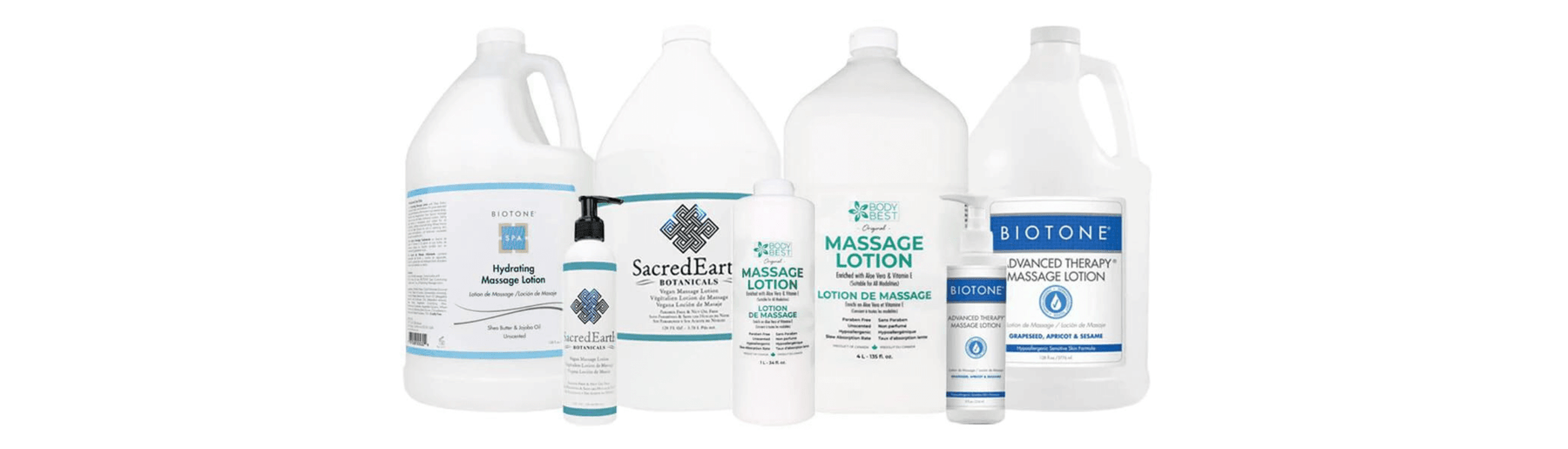 Selection of high quality massage lotions, oils, and gels