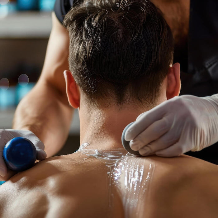 Massage therapist applying topical analgesic gel for muscle pain relief during treatment