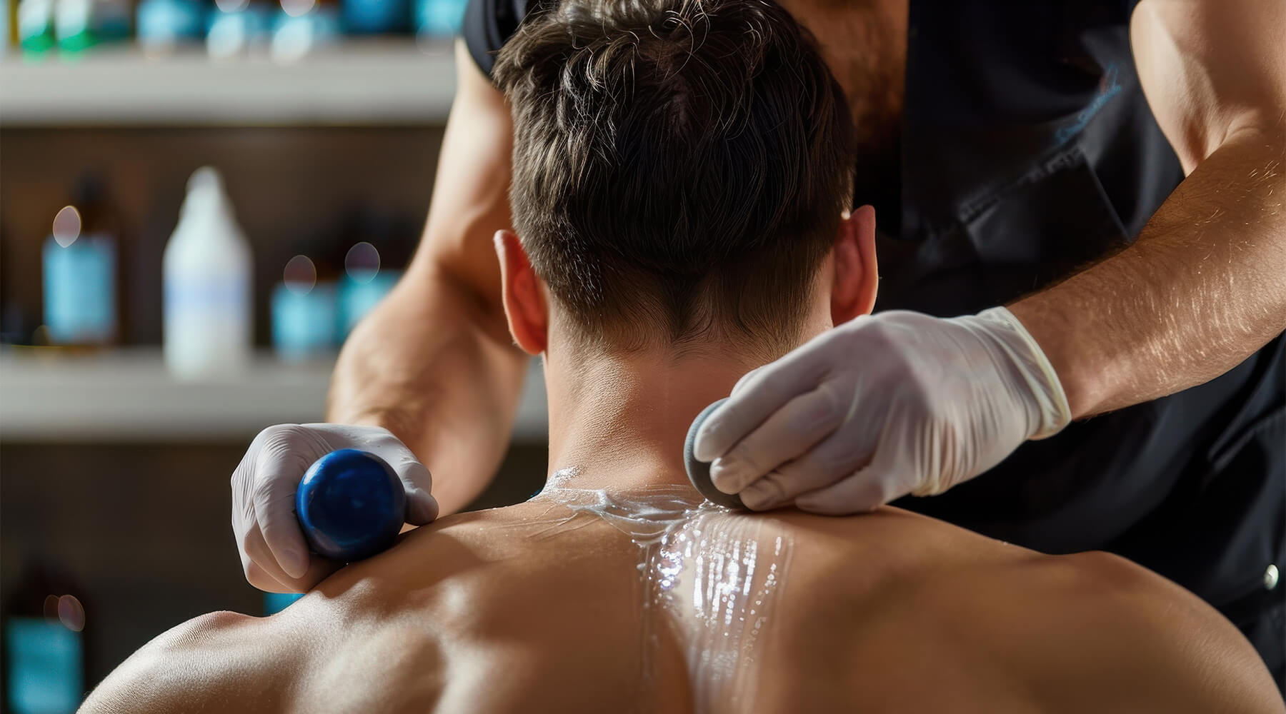 Massage therapist applying topical analgesic gel for muscle pain relief during treatment