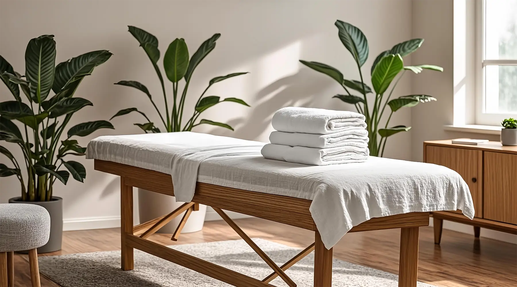 Professional massage table with crisp white treatment sheets and folded linens in a modern Canadian clinic treatment room