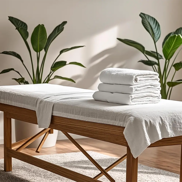 Professional massage table with crisp white treatment sheets and folded linens in a modern Canadian clinic treatment room