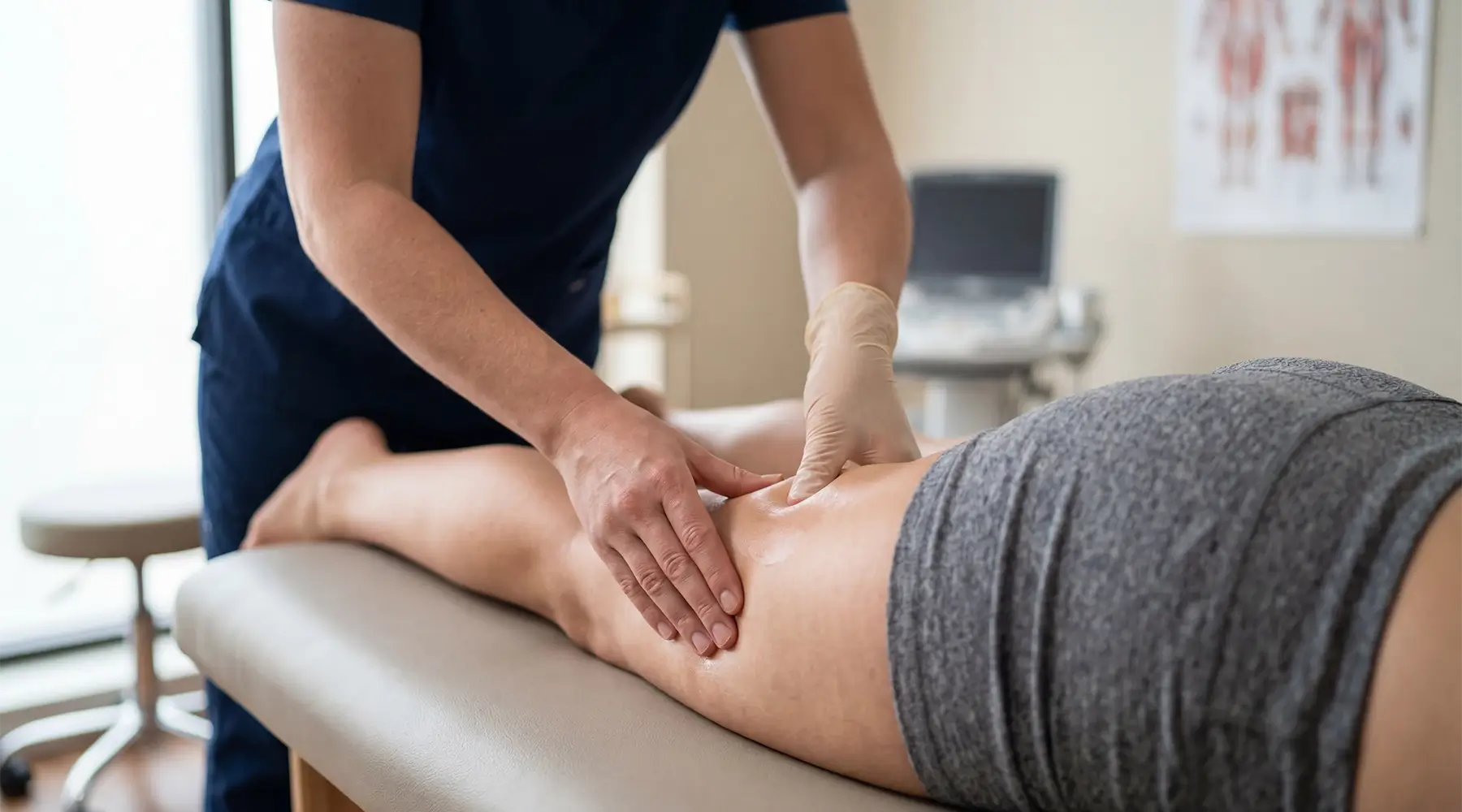 Canadian registered massage therapist comparing portable massage tables and electric treatment tables in a professional clinic setting.