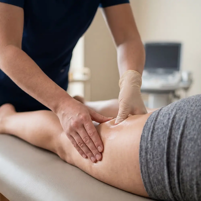 Canadian registered massage therapist comparing portable massage tables and electric treatment tables in a professional clinic setting.