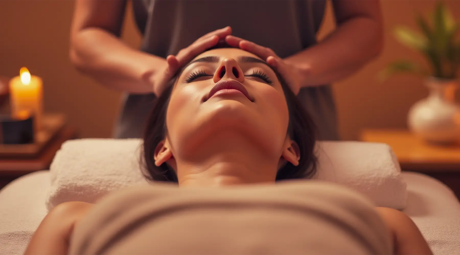 Client receiving a relaxing head massage in a warm professional treatment room designed to support comfort and repeat bookings