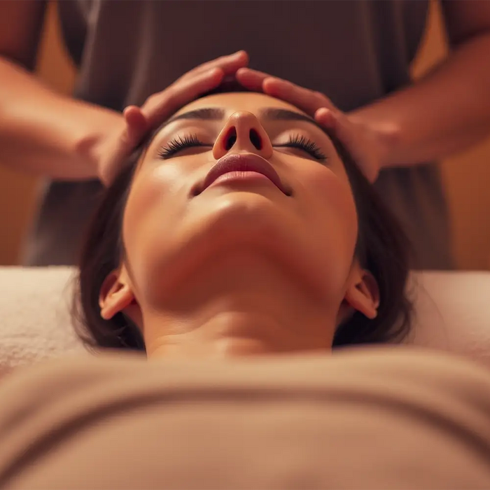 Client receiving a relaxing head massage in a warm professional treatment room designed to support comfort and repeat bookings