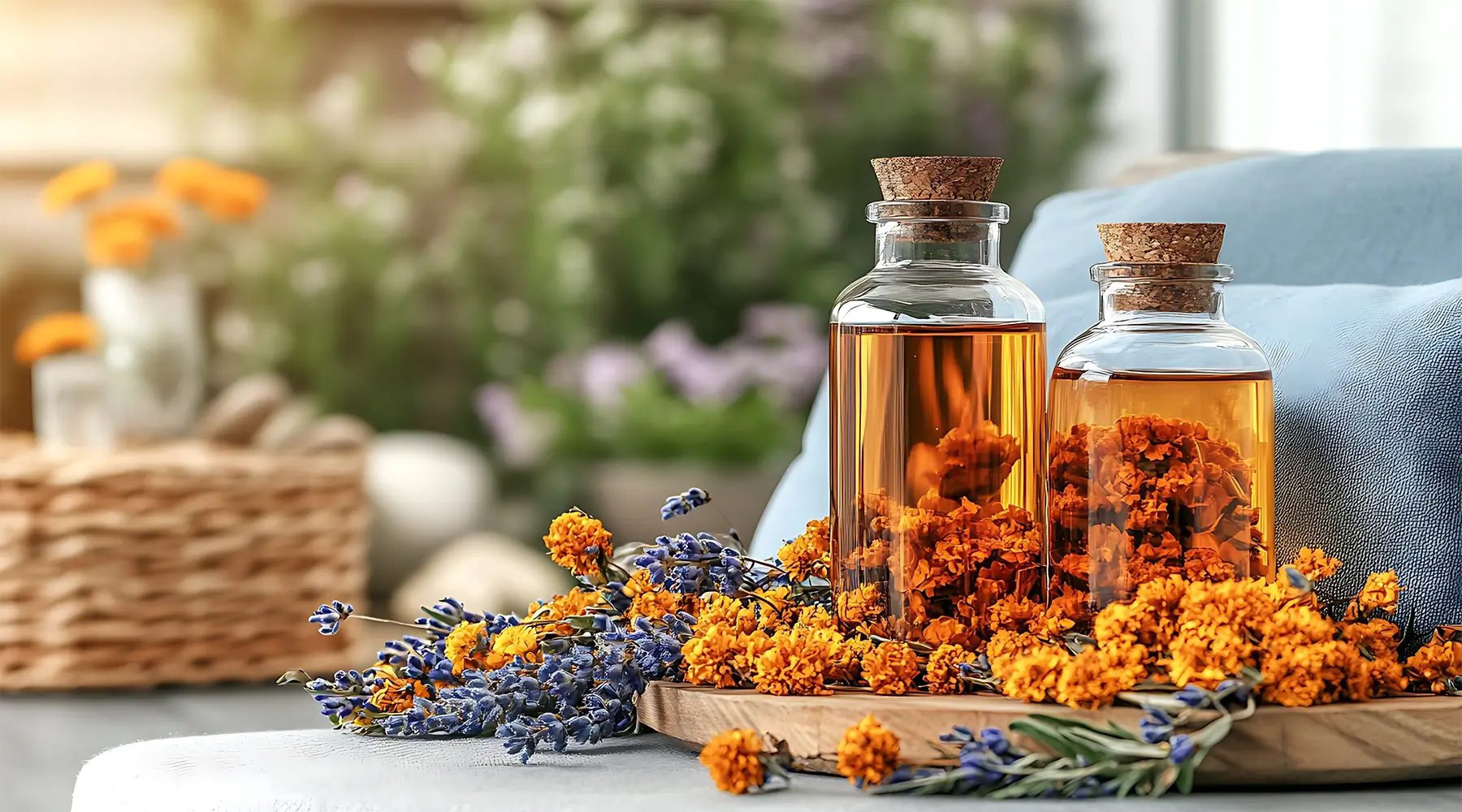 Herbal infused oils with calendula and lavender used in massage therapy, aromatherapy, spa treatments, and professional wellness care