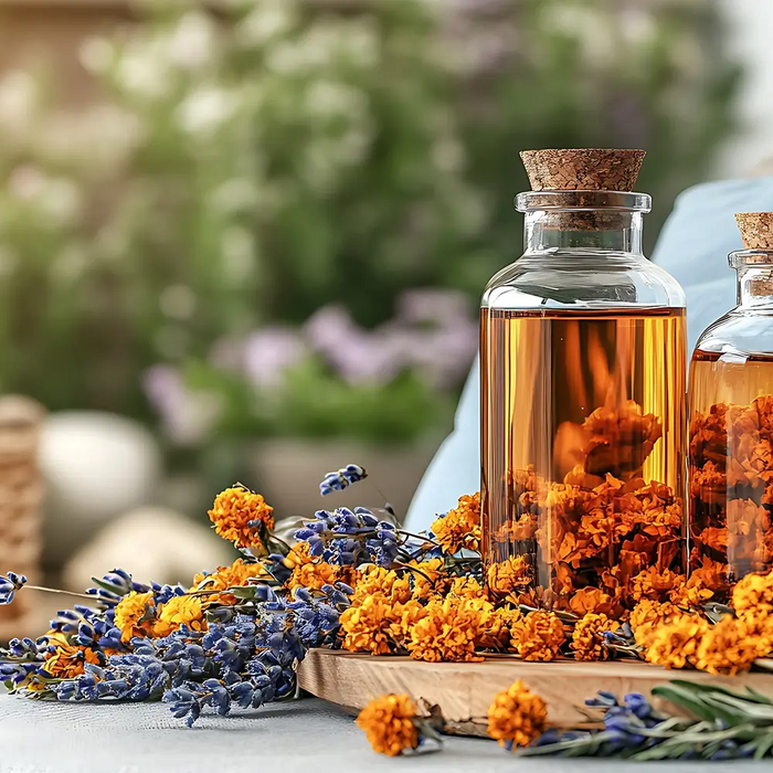 Herbal infused oils with calendula and lavender used in massage therapy, aromatherapy, spa treatments, and professional wellness care