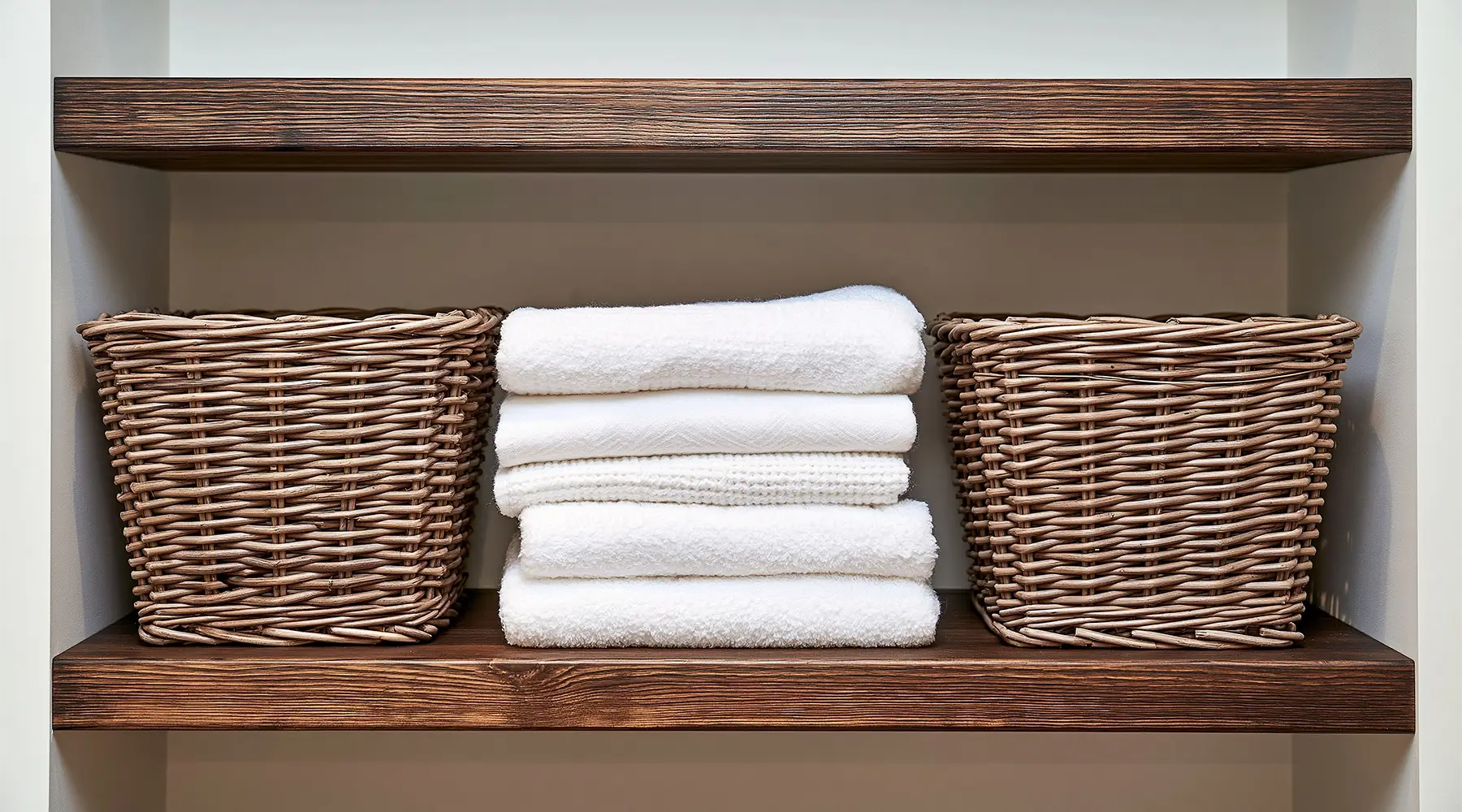Folded towels and clinic linens organized on shelves for massage clinic laundry management and inventory planning