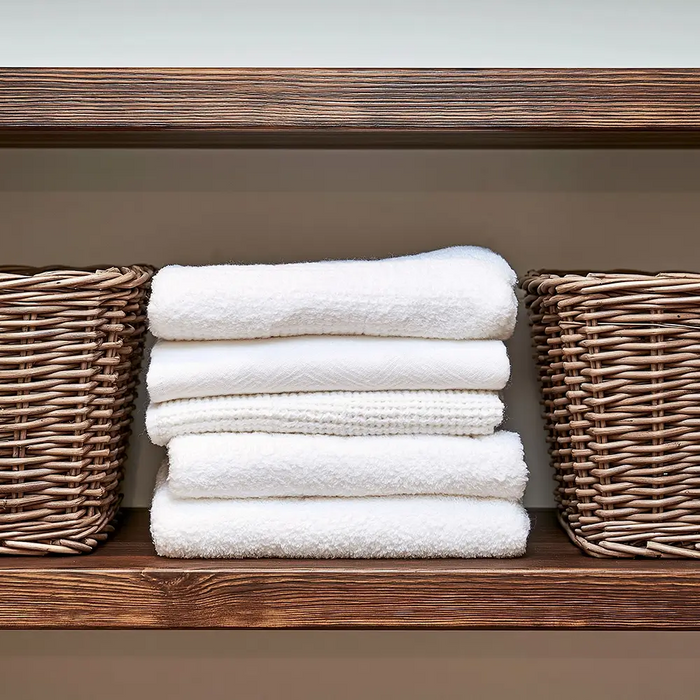 Folded towels and clinic linens organized on shelves for massage clinic laundry management and inventory planning