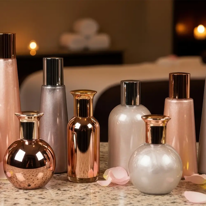 Professional massage lubricants including oils, lotions, gels, and creams used in massage therapy and spa treatments