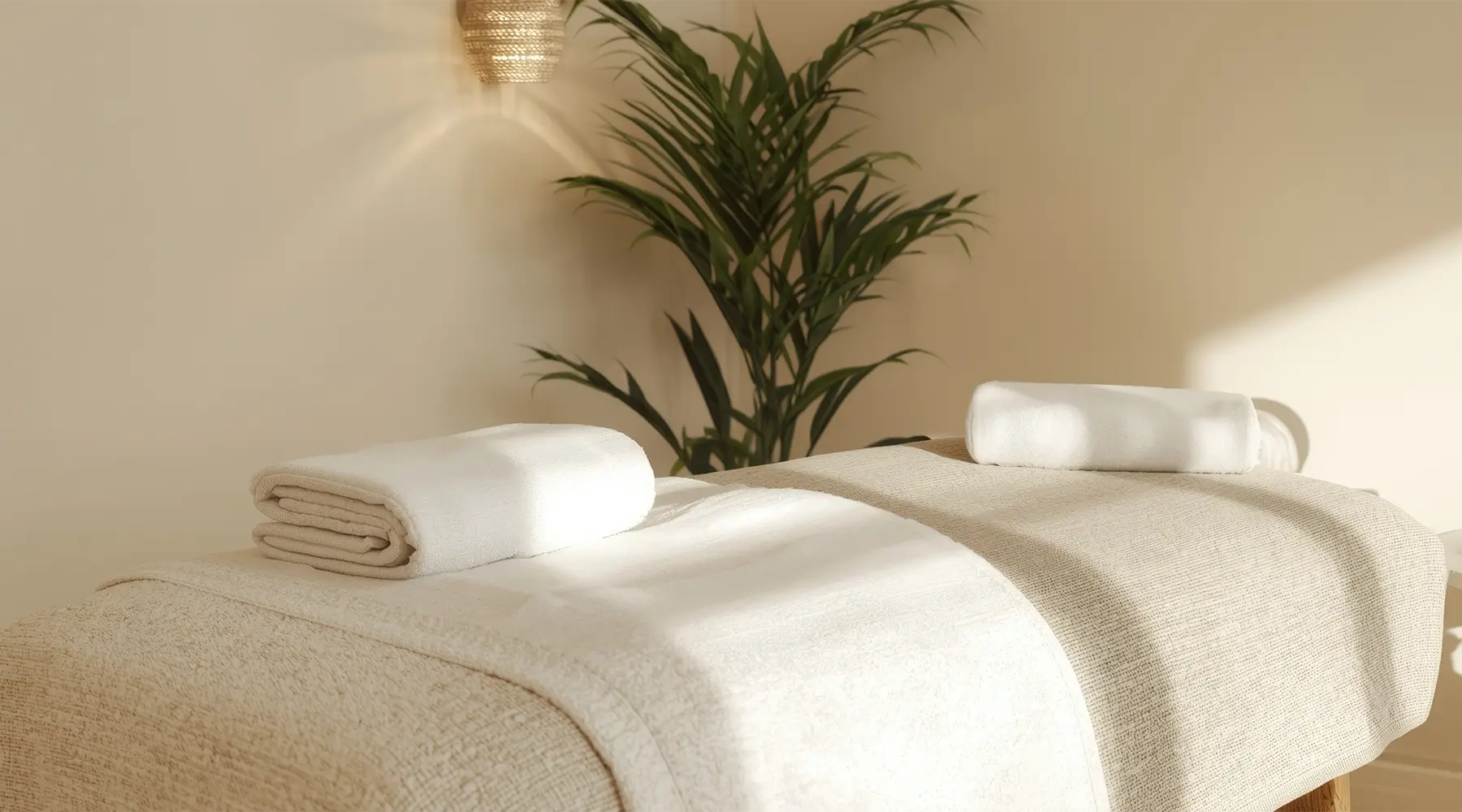 Professional massage treatment room with neatly prepared table, fresh white linens, folded towel and calming spa-inspired décor