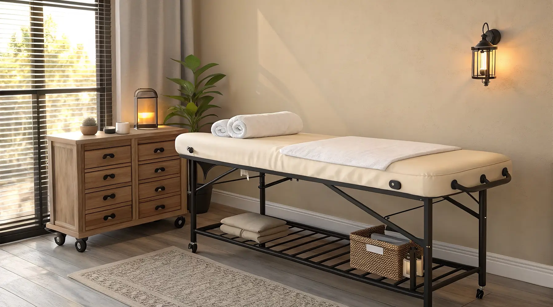 Portable massage table beside an electric treatment table in a Canadian therapy clinic comparing equipment options for professional therapists.