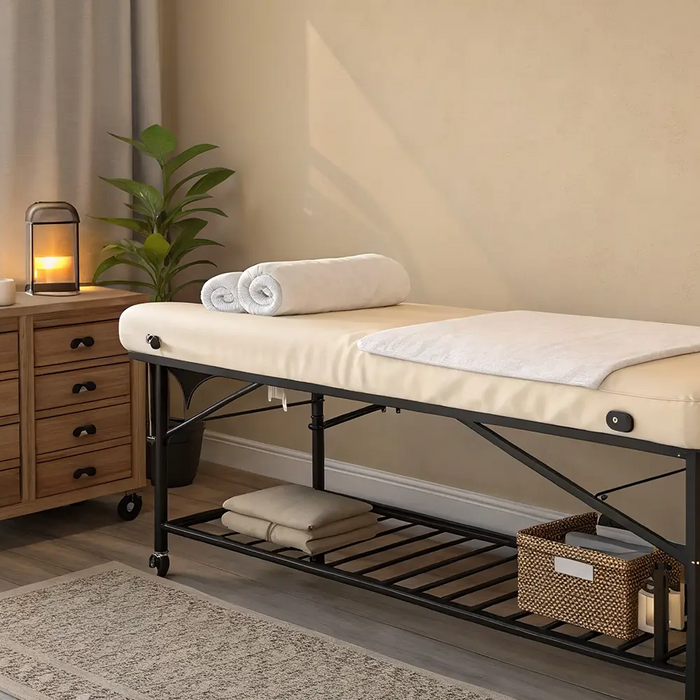 Portable massage table beside an electric treatment table in a Canadian therapy clinic comparing equipment options for professional therapists.