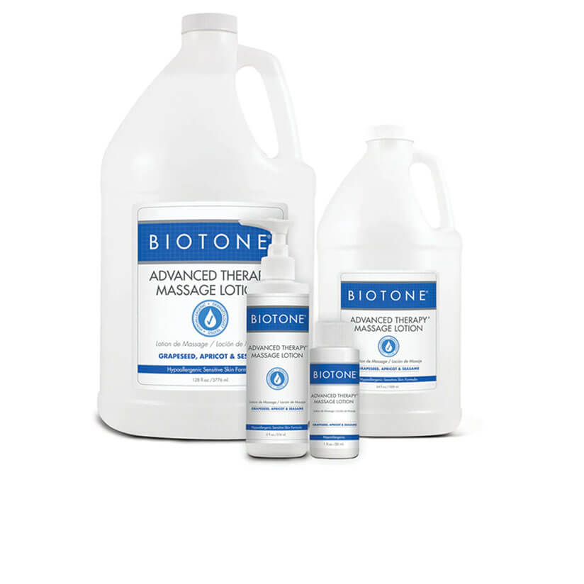 BIOTONE Advanced Therapy Massage Gel in multiple sizes on white background
