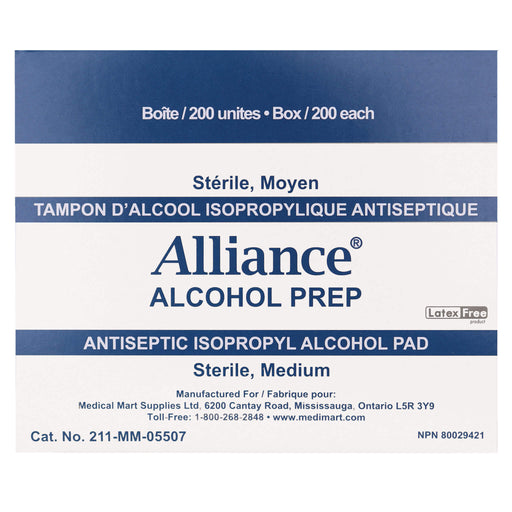 Alliance Alcohol Rep Pads packaging  and description 