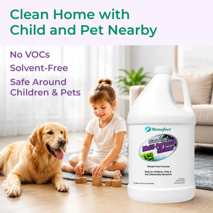 Benefect Multi-Purpose Cleaner used in a clean home environment with a child and pet nearby, household surfaces being cleaned safely with a botanical-based cleaner.
