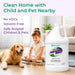 Benefect Multi-Purpose Cleaner used in a clean home environment with a child and pet nearby, household surfaces being cleaned safely with a botanical-based cleaner.