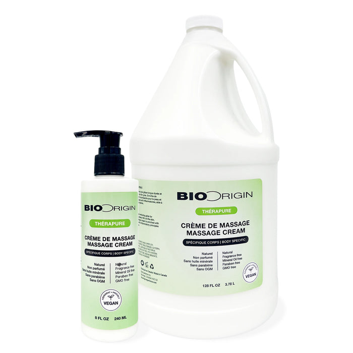 BioOrigin Body Specific Massage Crème gallon and 8 oz size for precise, professional application