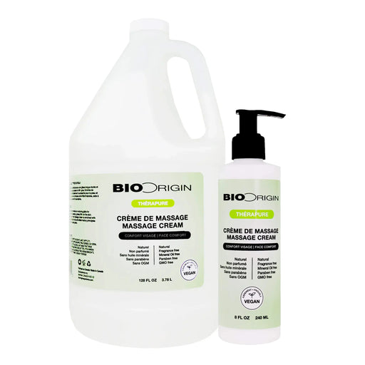 BioOrigin massage cream 8 oz and a gallon bottle on a white background