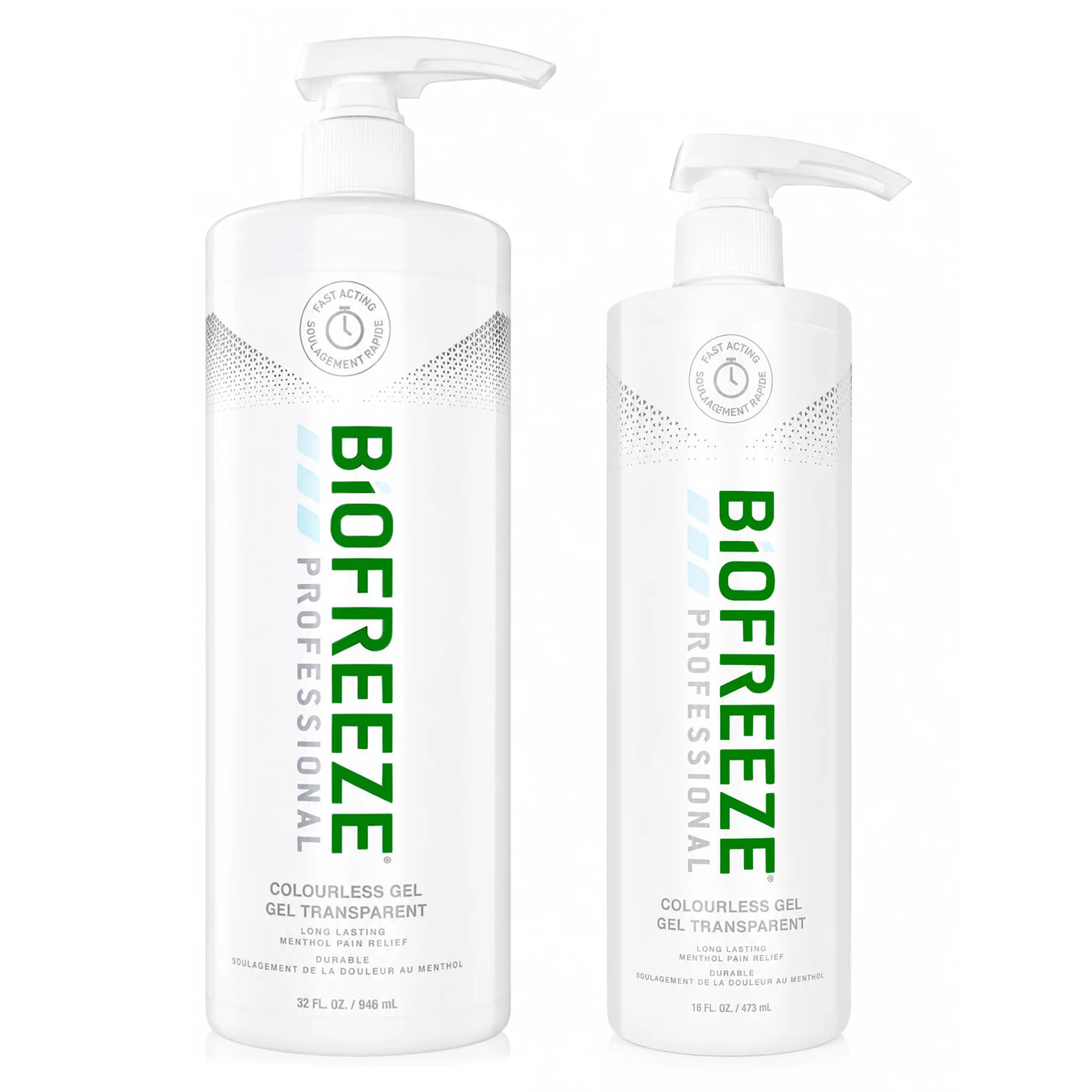 Biofreeze gel pump 32 oz and 16 oz on white background colourless Gel long lasting, menthol pain relief