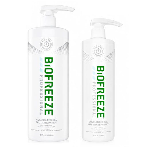 Biofreeze gel pump 32 oz and 16 oz on white background colourless Gel long lasting, menthol pain relief