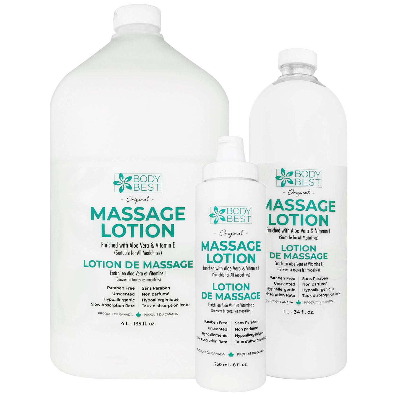 3 available sizes of BodyBest Massage Lotion