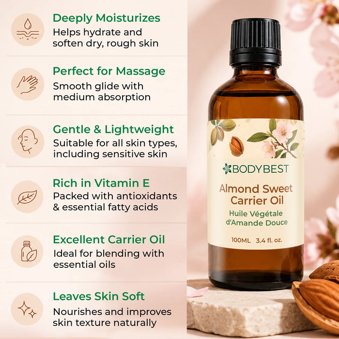 Benefits of BodyBest Almond Sweet carrier oil 100ml