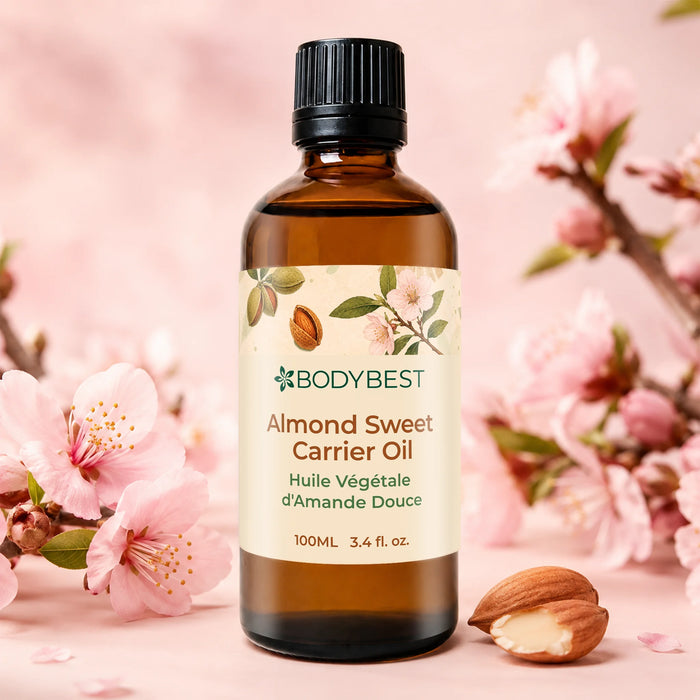 Lifestyle image of BodyBest Almond Sweet carrier oil 100ml with almond nuts and almond blossom 