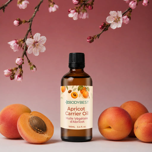 Lifestyle image of BodyBest Apricot Carrier Oil with apricots and apricot blossom