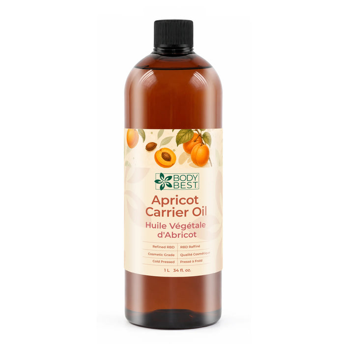 BodyBest Apricot Carrier Oil 1 L on white background with amber bottle