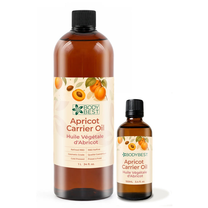 BodyBest Apricot Carrier Oil 1L and 100ML on white background