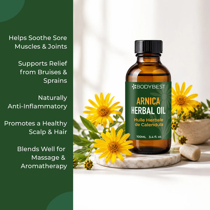 Benefits of BodyBest Arnica Herbal Oil 100ml with arnica flowers
