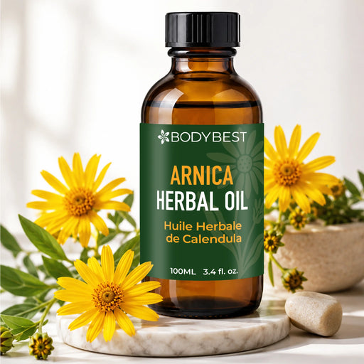 Lifestyle image of BodyBest Arnica Herbal Oil 100ml with arnica flowers