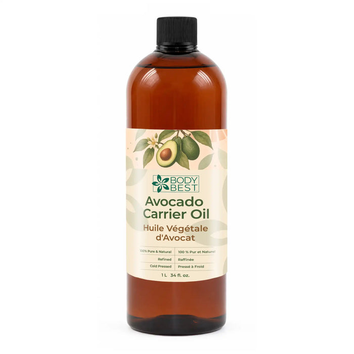 BodyBest Avocado Carrier Oil in one litre amber bottle  100% pure and natural refined and cold pressed