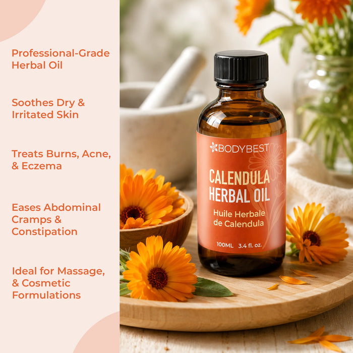 BodyBest Calendula Herbal Oil 100ml lifestyle image with calendula flowers and calendula herbal oil benefits