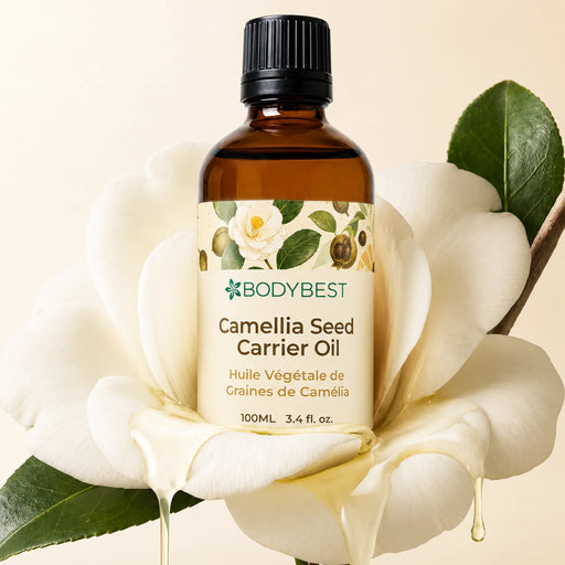 Lifestyle image of BodyBest Camellia Seed Carrier Oil with white camellia flower
