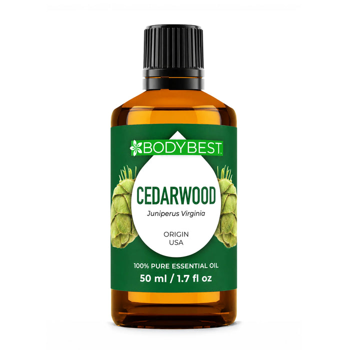 Body Best Cedarwood Essential Oil, 50 ml amber glass bottle with brown cap and green label featuring cedarwood botanical imagery on a white background.