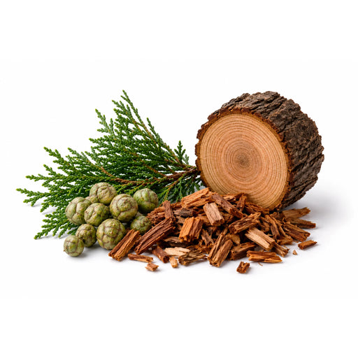 Cedarwood ingredient image featuring cedar wood chips, cedar log cross-section, green cedar foliage, and cedar fruit cones arranged on a white background.