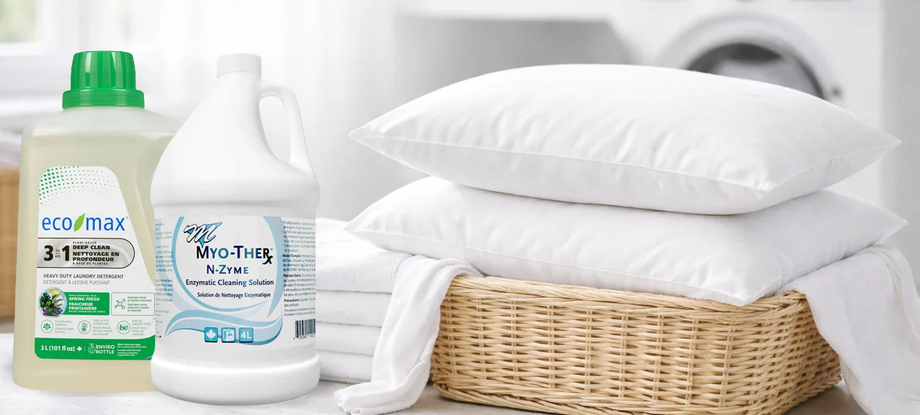 How to Wash Pillows Complete Guide CTA banner featuring clean therapeutic support pillows 