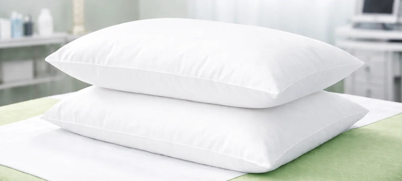 Soft white BodyBest therapeutic pillows displayed in a clean clinical setting with calming green accents, promoting comfort and support for pillow collection CTA banner