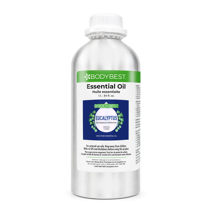 BodyBest Eucalyptus essential oil 1L hero image featuring a stainless steel bottle with a clean, minimalist design, shown in professional product photography on a neutral background, emphasizing durability, premium quality, and aromatherapy use.