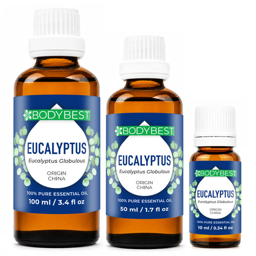 BodyBest Eucalyptus Essential Oil 100ml, 50ml and 10ml hero image on white background