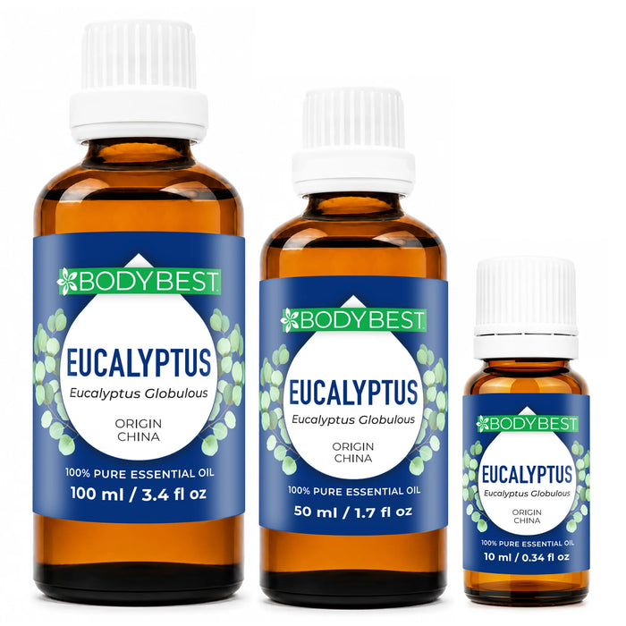 BodyBest Eucalyptus Essential Oil 100ml, 50ml and 10ml hero image on white background